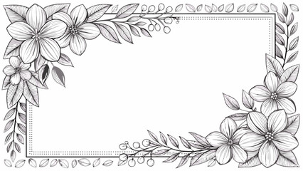 Elegant black and white floral border design featuring detailed hand drawn flowers leaves and delicate berry branches framing a central empty space for text invitations or announcements