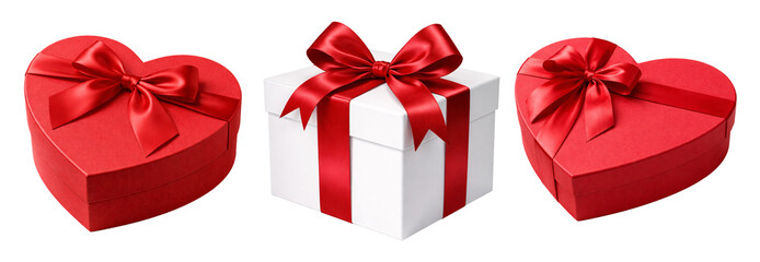 Valentine's Day set. Gift box with red bow set on transparent background. Valentine&rsquo;s Day present. Love and surprise concept.