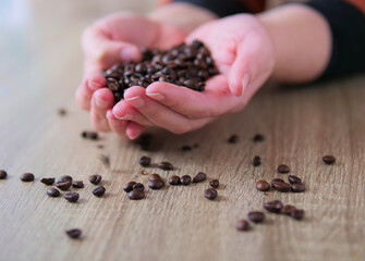 Hands Cradling a Handful of Roasted Coffee Beans Background