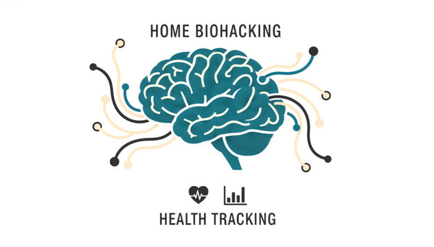 Home biohacking and health tracking concept. Stylized human brain with technology connections and data icons. Flat design vector illustration