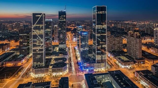 Dynamic aerial evening skyline and illuminated cityscape with highrise tower lights
