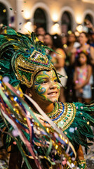 Fototapeta premium a smiling person in a vibrant green and gold Mardi Gras costume with feathered headdress, colorful face paint, and multicolored confetti. Blurred crowd in the background.