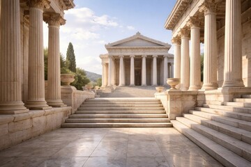 Obraz premium Columns rise on both sides of a stone pathway leading to a temple. The scene features greenery and soft sunlight illuminating the structure.