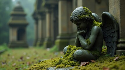 Ancient stone angel with algae growth sitting in abandoned churchyard
