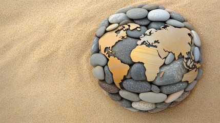 A spherical arrangement of small polished pebbles forming a globe with continents on a sandy surface