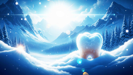 Tooth in a snowy winter mountain landscape. Healthy oral hygiene concept in cold season. Dental care for holiday greeting card.