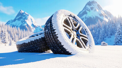 Obraz premium Winter tires covered with snow for safe driving in cold weather conditions. Automotive safety concept for challenging winter roads.