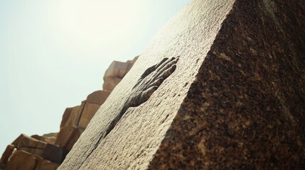 A weathered granite monolith with a deeply engraved hand symbol bathed in sunlight