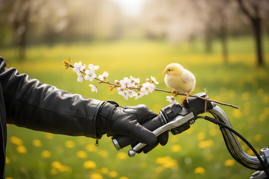 Easter chick with blooming branch on motorcycle handlebar, biker in leather jacket, spring contrast and tenderness
