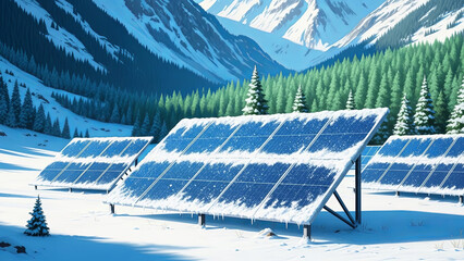 Solar panels covered in snow in a winter mountain landscape. Renewable energy production concept, alternative power source in cold weather conditions.