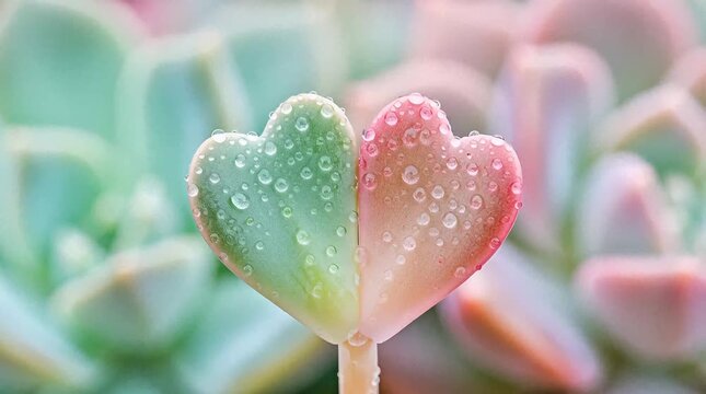 Slow motion close-up of dew-covered succulent heart leaf in soft sunlight 4K cinematic footage