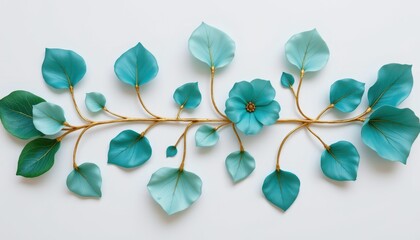 Decorative arrangement of teal leaves and petals on a pale background, showcasing intricate floral design in modern style