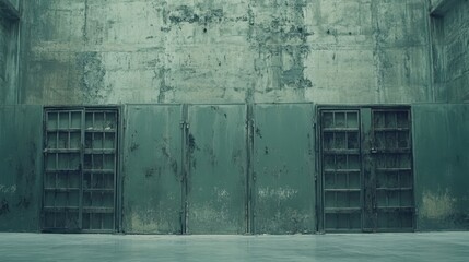 A weathered industrial metal doorway with multiple green doors set against a textured concrete wall provides a robust and functional entrance