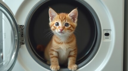 Orange kitten sitting in empty washing machine looking out curious

