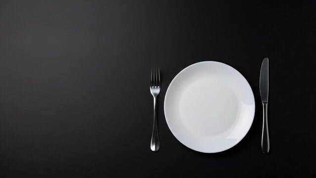 White dinner plate with fork and knife on a dark background for restaurant menu, dinner invitation, or food blog. Minimalist empty setting for eating.
