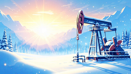 Oil pump jack rig in snowy winter landscape with forest and mountains, warm sun shining. Energy production concept in cold climate.