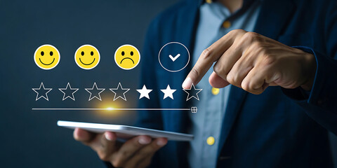 Businessman interacting with digital rating and feedback interface on tablet