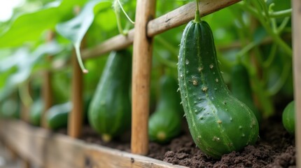 Tender young cucumber plants with developing fruit on wooden support frame
