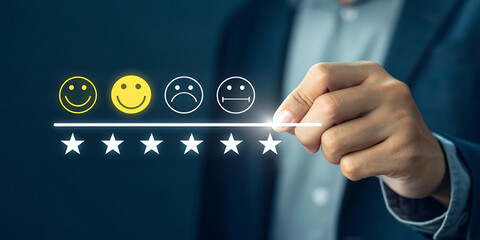 Businessman giving a five-star rating, satisfied customer feedback, smiley face icons