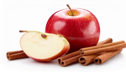 red apple apple slice and cinnamon sticks isolated on white background