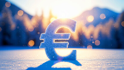 Blue euro currency symbol covered with snow and ice, cold winter financial market concept. Frosted money economy forecast for winter season.