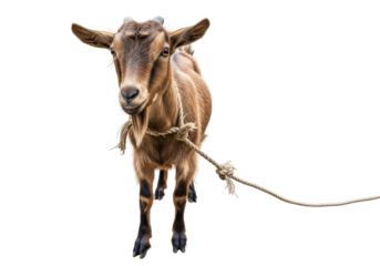 tethered brown goat with rope on white background