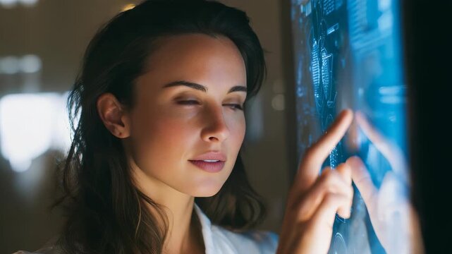 Professional female uses advanced digital touchscreen, engaging with virtual data, interactive graphics. Scene highlights innovation, technology, future user experience in digital environments