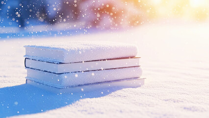 Fototapeta premium Stack of books covered with snow outdoor. Cozy winter reading concept. Education and learning during cold season.
