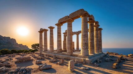 Obraz premium Ancient stone ruins stand tall at sunset with a long horizon view. The landscape features natural elements and a bright sky above.