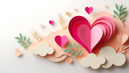 Colorful heart shapes and leaves on white background  paper cutout design