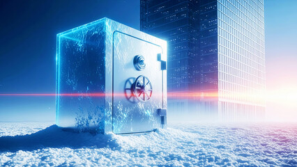 Frozen safe box in winter landscape. Security vault covered in ice and snow with modern building in background. Digital asset protection concept.