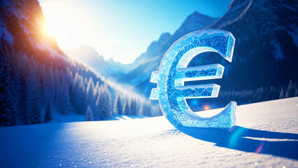 Frosty euro financial sign made of ice stands on snow, representing cold economy or frozen assets. Winter season concept.