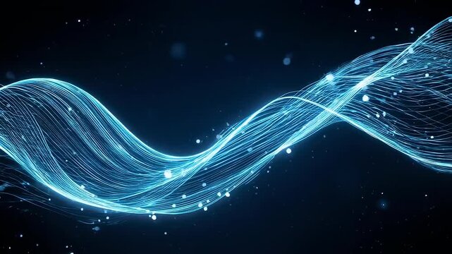 A futuristic wavy digital wave flows through a dark blue space with glowing neon lights and particles, creating a mesmerizing visual effect.
