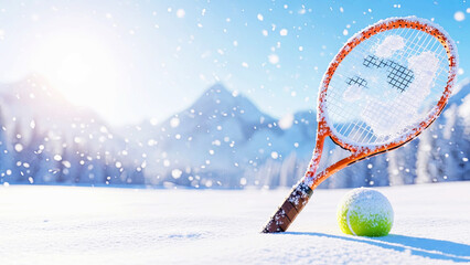 Obraz premium Orange tennis racket a tennis ball covered with snow. Scenic winter landscape for sport advertisement, promotion poster. Advertising concept.