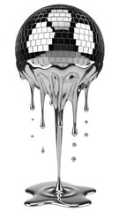 Melting silver mirror disco ball dripping like liquid silver, 3D rendering. AI generated.