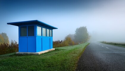 bright blue roadside shelter in misty weather