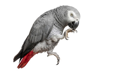 Obraz premium A gray parrot with a red tail on transparent background