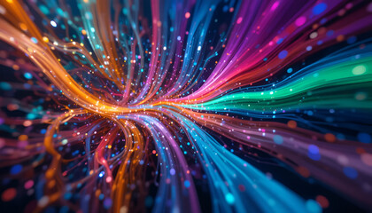 A vibrant and colorful abstract image with swirling lines and lights