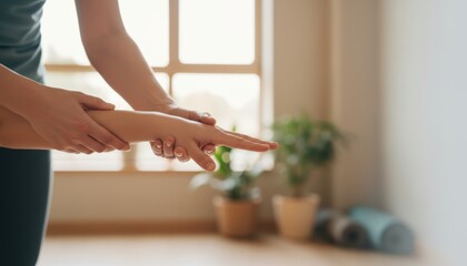 Two hands guiding a yoga pose in a serene, well-lit indoor space with plants in the background.