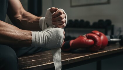 Close-up of a fighter wrapping hands, with boxing gloves nearby, set in a training environment emphasizing preparation and focus.