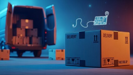Cardboard delivery box with GPS map illustration representing parcel tracking. Modern logistics and shipping concept for e-commerce business.