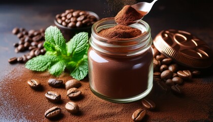 delicious cocoa powder being poured from a spoon into a jar with fresh mint and coffee beans nearby
