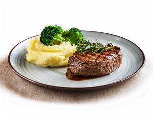 steak with mashed potatoes and broccoli