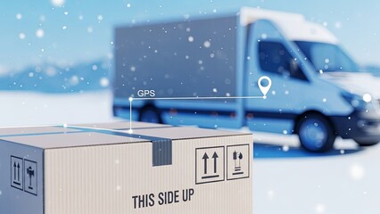 Winter delivery van with GPS tracked package in snowy landscape. Logistics truck and This Side Up cardboard box for shipping and navigation