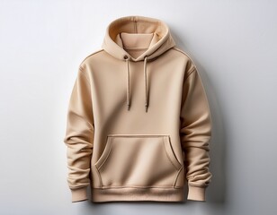 this cream hoodie mockup features a minimalist design with a front pocket and drawstrings isolated on white and white background