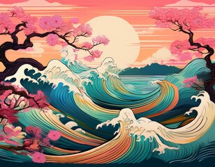 abstract hokusai style background waves sea pink sakura trees