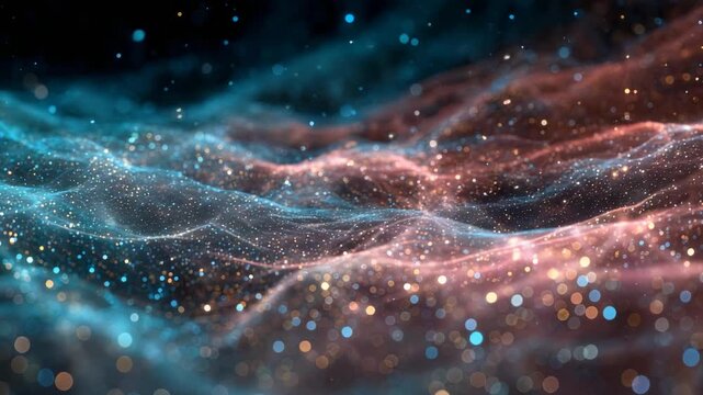 Vivid blue and orange hues blend seamlessly in this abstract digital background, filled with sparkling particles and flowing lines. The image suggests a cosmic or technological environment