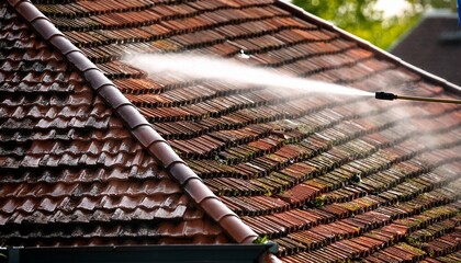 pressure washing cleans a dirty tile roof