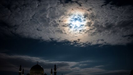 A mosque's silhouette under a moonlit sky, clouds swirling dramatically around the celestial body