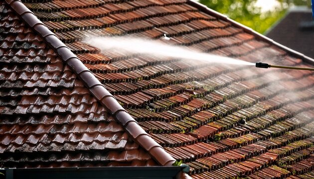 pressure washing cleans a dirty tile roof